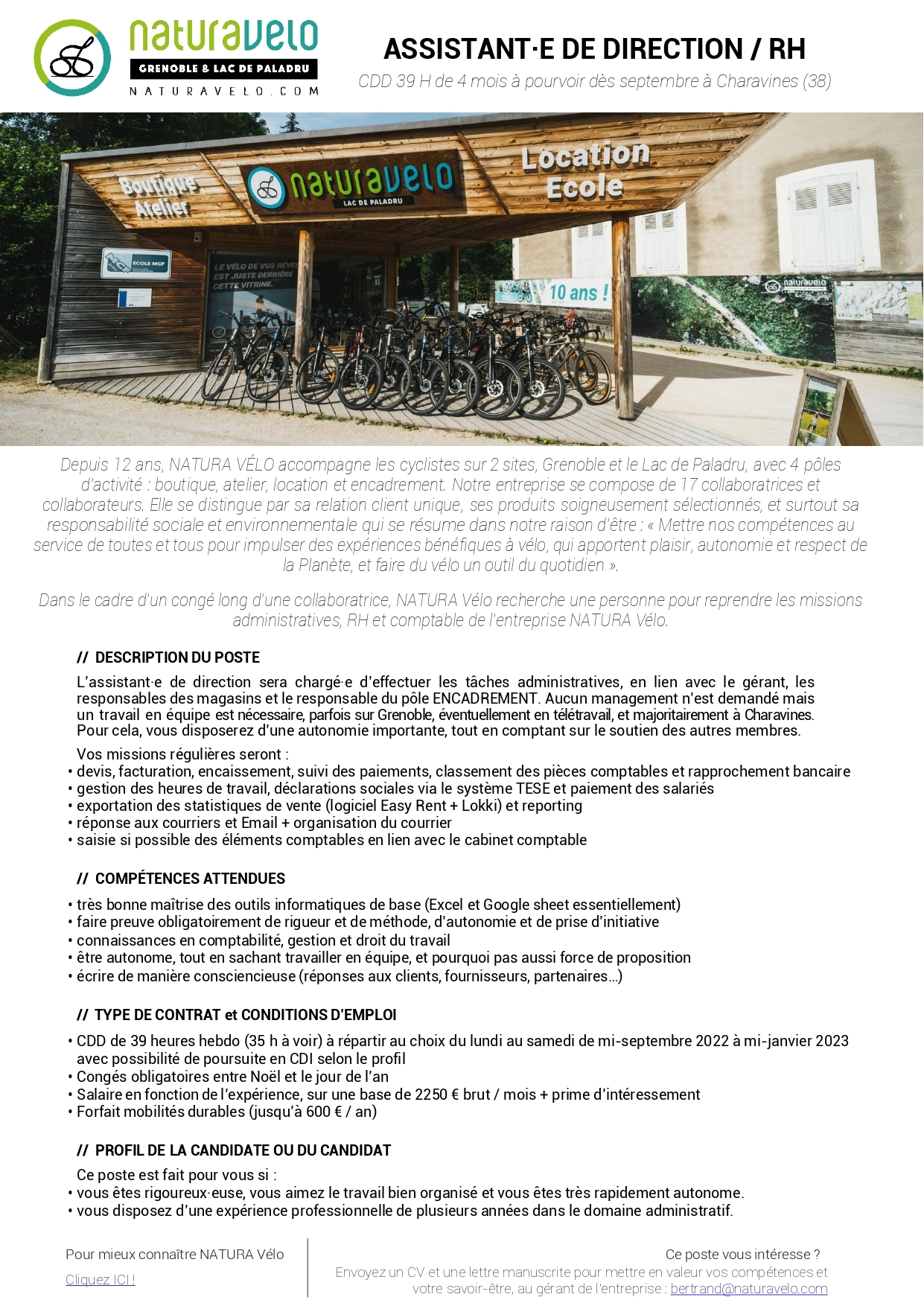 offre d’emploi assitance de direction CDD pour remplacement – Natura Vélo 2022