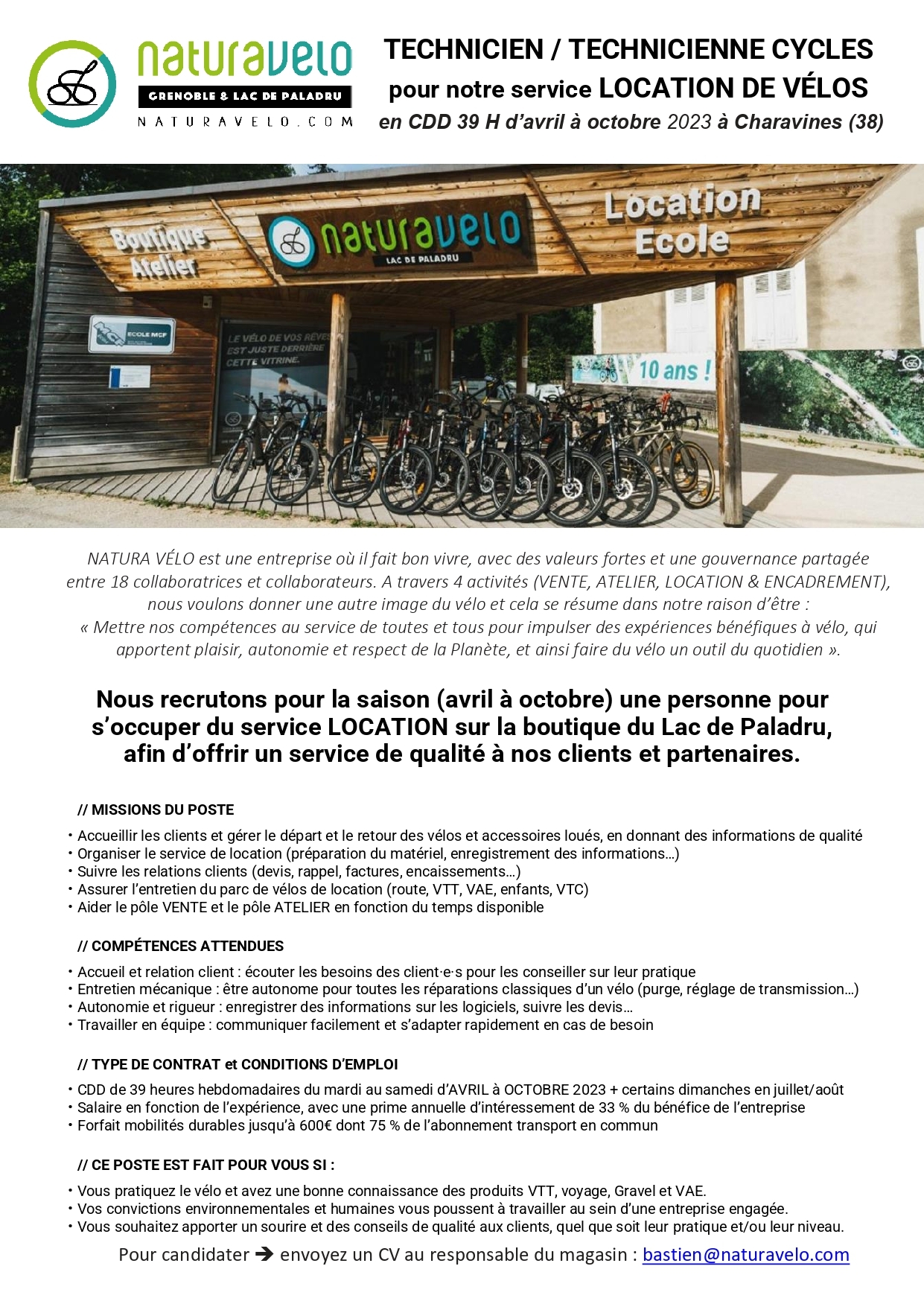 offre d’emploi CDD LOCATION Natura Vélo LAC DE PALADRU 2023